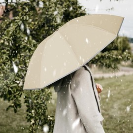 Pioggistar Windproof Folding Umbrella, Automatic Reverse Umbrella, Rain Umbrella 10 Reinforced Ribs for Men and Women, Wooden Handle, Diameter 105 cm, beige