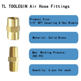 TL TOOLEGIN Brass Pipe Fitting 1/4” NPT Coupling & Hex Nipple, 12pcs Air Hose Fittings kit (6 Couplings & 6 Nipples)