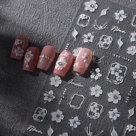White Flower Nail Art Stickers 5D Embossed Flowers with Diamond Design Nail Decals Bronzing Adhesive Sliders for Women Girls DIY Nail Art Decorations Supplies