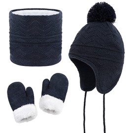HUIYAO - Juego de sombreros y guantes de invierno para niños y niñas, gorro de forro polar de punto cálido, marino, 3-6 T