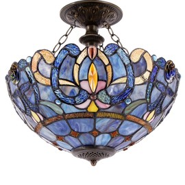 WERFACTORY Tiffany Ceiling Light Fixture Blue Purple Cloudy Stained Glass Semi Flush Mount Lamp Wide 16 Inch Height 15 Inch Tiffany Ceiling Lamp S558 Series