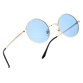 Retro Small Round Polarized Sunglasses for Men Women Circle Hippie Style Sun Glasses (Gold Frame/Blue Lens)