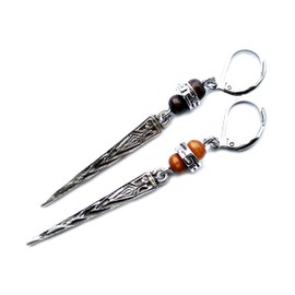 Antique Silver Spike Men's Earring - Ethnic Single Dangle Men's Earring - Boho Wood Man Earrings - Aztec Men Jewelry