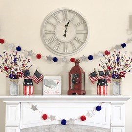 Prashent 2 Pcs 4th of July Artificial Flowers in Vase 12'' Patriotic Fake Berry Stem Picks with Metal Pot for Memorial Day Red White Blue Bouquets Independence Decor for Home Centerpieces