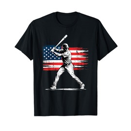 Baseball Player Silhouette with Distressed American Flag T-Shirt