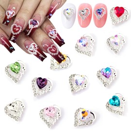 Alloy Heart Nail Charms 12 Pcs Silver Nail Rhinestones with Colorful Heart Shape Nail Gems Design Valentine's Day Nail Supplies 3D Diamond Nail Art Charms Jewelry for Women Acrylic Nail Decorations