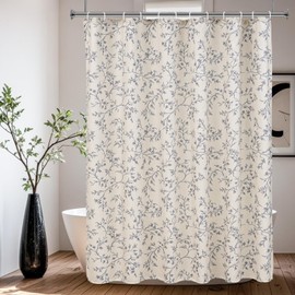 Blue Floral Shower Curtain Linen, Twiggy Leaves Cottagecore Shower Curtain for Bathroom 72x72, Farmhouse Aesthetic Luxury Chic Country Bathroom Decor
