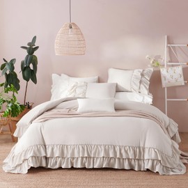 Nayoroom Ruffle Duvet Cover Full Size Linen Gray Ruffled Coquette Bedding Set Vintage Shabby Chic Comforter Cover 3Pcs Soft Breathable Washed Microfiber Farmhouse Duvet Cover for All Seasons