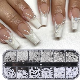 GZSY Nail Art Rhinestones Nail Beads White 12 Grid Nail Charms Nail Design Accessories Pearl Nail Art