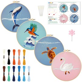 INFUNLY 4 Sets Whale Embroidery Kits for Beginner Bird Cross Stitch Starter Kits with Instructions for Adults DIY Embroidery Needlepoint Sets with Animal Pattern Embroidery Cloth Hoops Threads Tools