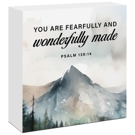 You are Fearfully and Wonderfully Made Psalm 139:19 Bible Verse Wood Box Sign,Christian Wooden Desk Decor for Kids,Religious Scripture Wood Block Sign for Children Room Nursery Desk Shelf Wall Decor