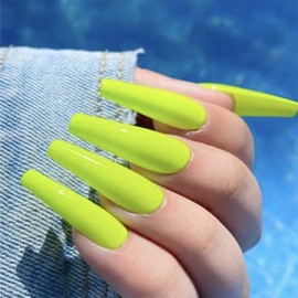 Yheakne Coffin 24pcs Extra Long False Nails Ballerina False Nails French Clip on Nails Art Acrylic False Nails for Women Girls (Shiny Green)