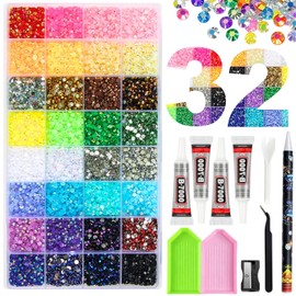 45000Pcs 32 Colors Jelly Resin Rhinestones for Bedazzling, 3mm Multicolor Flatback Gems for Crafting, All-in-One Bedazzler Kit with 4Pcs B7000 Jewelry Glue for Clothes Nail Diamond Art