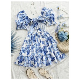 Floerns Women's Floral Puff Short Sleeve A Line Dress Ruffle Hem Boho Dresses Blue and White X-Large