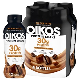 Oikos 30g Protein Shake, Mocha Latte, Shelf Stable, High Protein Drinks, Ready to Drink, 5g Prebiotic Fiber, 12 fl oz Bottle, 4 Count