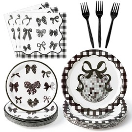 G1ngtar 96Pcs Black Bow Party Plates Supplies - Coquette Watercolor Party Tableware Decorations Disco Ball Disposable Paper Plates Napkins Forks for Girl Bachelorette Engagement Birthday, Serves 24