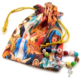 Fatima Store Guardian Angel Bracelet with 10 Murano Glass Balls of 8 mm. Cross, Angel and Cotton Bag with Images of the Virgin Mary, Ajustable, Crystal
