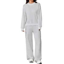 Aleumdr Womens 2 Piece Sweatsuit 2025 Fall Outfits Lounge Matching Set Mock Neck Top Wide Leg Sweatpants With PocketsTracksuit Light Grey Medium