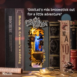 RoWood Book Nook Kit with LED Light, DIY Miniature Dollhouse Booknook Bookends Bookshelf Decor Gifts for Adults and Teens to Build - Magic House