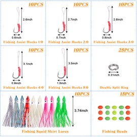 Shaddock Fishing Assist Hook Set – 100pcs PE Line with Hook Red Jigs Hook Butterfly Multicolor Octopus Squid Skirts Split Ring Luminous Bead Tackle Kit