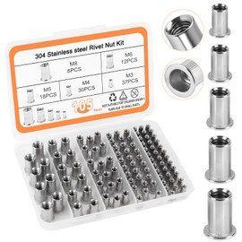 JYNB Metric Rivet Nut Assortment Kit, 105Pcs 304 Stainless Steel SAE Rivet Nut, M3 M4 M5 M6 M8 UNC Flat Head Rivnut Set, Threaded Insertion Nut Sets for Automotive, Mechanical and Other Equipment