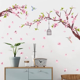 Mestiker Peach Tree Wall Sticker, Peach Blossom, Decorative, Painting-style, Birdcage, Wall Sticker, Stylish, Removable Nordic, Kindergarten, Nursery, Children's Room, Wallpaper, Wall Sticker