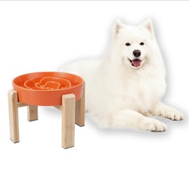 Elevated Slow Feeder Dog Bowl - Puzzle Maze Dish with Bamboo Stand - Raised Ceramic Food Bowl for Medium and Large Dogs - 8.8 Inch - Orange