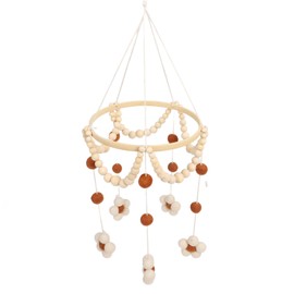 Handmade Wooden Baby Mobile Bed with Felt Balls Cotton Flowers Daisy Pattern, Safe Nursery Decor for Newborns Extra Large Size Ideal for Boys Girls (Dark Brown)