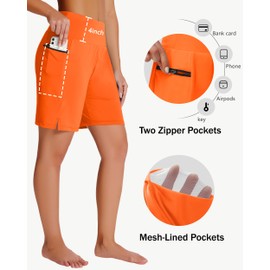 MIVEI Women's 7" Long Swim Board Shorts with Zipper Pockets High Waisted Quick Dry Beach Swimming Swim Suit Bottom with Liner Orange