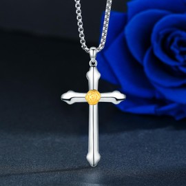 MOPOPOK Cross Necklace for Women S925 Sterling Silver Golden Rose Cross Necklace Cross Protection Necklace Christ Cross Necklace Jewelry for Birthday Anniversary, 1.57*1.02 inch, Sterling Silver, No