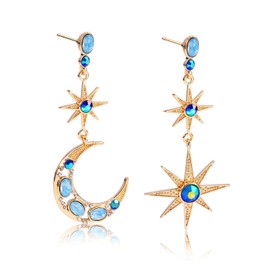 Pendientes de Mujer TREE NEST Pendientes Colgante Diseño de Luna y Estrellas con Zirconia Cúbica, Aretes de Mujer Hipoalergénicos, Largo 2,6 Pulgadas Color Oro 10056