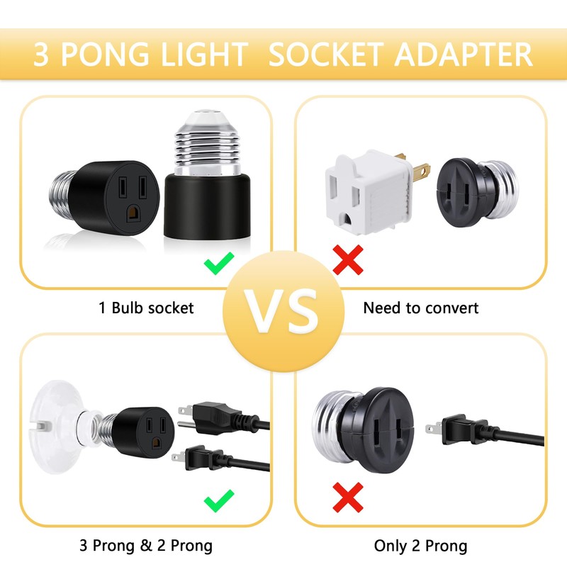Sevici 3 Prong Light Socket to Plug Adapter 2-Pack, Polarized