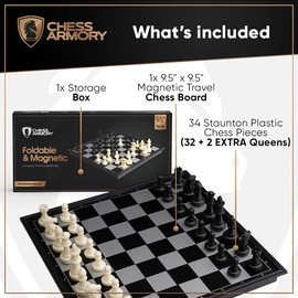 Chess Armory Magnetic 9.5 Inches Travel Chess Set - Folding Board with Storage Box & 2 Extra Queen.