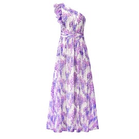 BTFBM Women Summer One Shoulder Floral Wedding Guest Dresses Sleeveless Smocked Ruffle Flowy Beach Vacation Maxi Dress(Floral Purple, Medium)