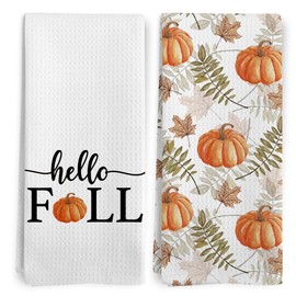 BitKAM Fall Pumpkin Kitchen Towels, Rustic Farmhouse Cozy Autumn Pumpkin Botanical Dish Tea Towels for Kitchen, Fall Autumn Decorative Hand Towels for Bathroom Decor, 16x24 Inch Set of 2