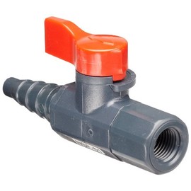 Asahi America-1082002 Labcock PVC Ball Valve, Inline, Unibody, Lever, 1/4" NPT Female x 3/8" Hose