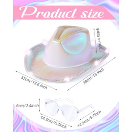 Jecery 12 Pcs Light Holographic Space Cowgirl Hat and Heart Shape Sunglasses LED Rave Cowboy Hat Rimless Heart Sunglasses for Teens Adult Party, White