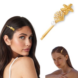 MYCUTEY Gold Starfish Seashell Hair Pins With Imitation Pearl For Women Flat Stain Steel Metal Barrettes Cute Summer Beach Mermaid Hair Accessories