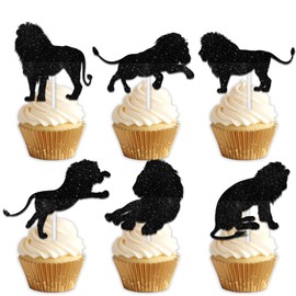 18pcs Black silhouette Glitter Lion Dessert Cupcake Topper Pick for Animals Theme Decor Supplies Baby Shower Boy Girl Happy Birthday Party Decoration