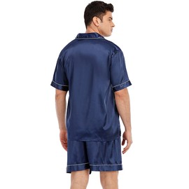JYHER Silk Pajamas for Men, Classic Mens Satin Pajamas Set Men's Shorts Sleeve Pjs Set Button Down Short Sleepwear Loungewear, Blue, Large