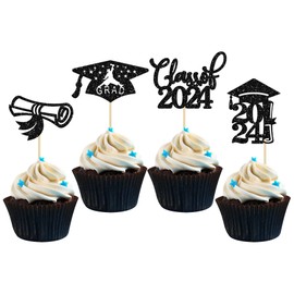 24 piezas de adornos de graduación 2024 para cupcakes con purpurina, clase de graduación 2024, para felicitaciones, graduado, 2024, decoración de pasteles, color negro