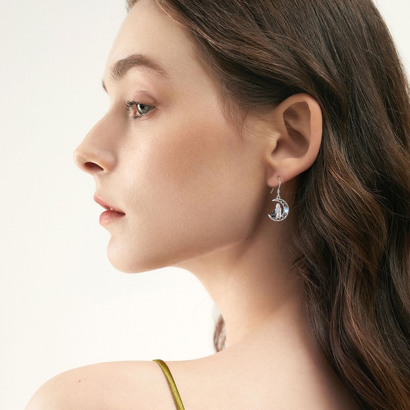 DAYLINLOVE Cat Earrings 925 Sterling Silver Black Cat Dangle Drop