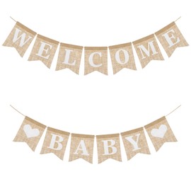 Welcome Baby Burlap Banner Flags, Pre-Strung Burlap Welcome Baby Banner, Adorable Baby Shower Decoration Banner, Baby Arrival Banners, Elegant Baby Announcement Sign for Boy and Girl