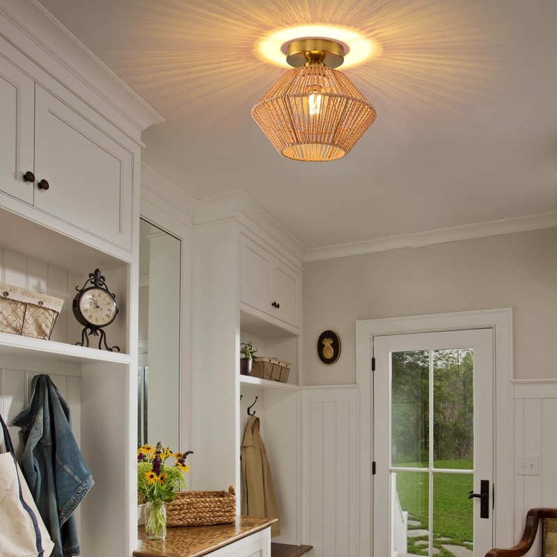 Boho Ceiling Light Fixture, Coastal Handmade Woven Light Fixtures Ceiling