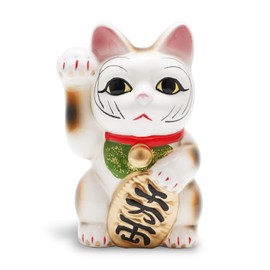 Seto-yaki Maneki Neko Piggy Bank, 6.3 inches, Hand-Painted Japanese Lucky Cat Figurine, Ceramic Money Bank for Home Decor, Fortune and Prosperity Talisman (White/Right Hand Up)