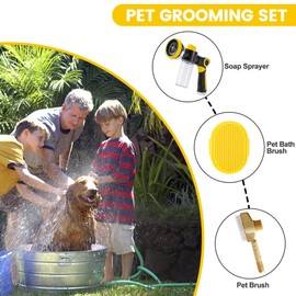 Dog Washing Hose Attachment, 10-in-1 Soap Sprayer Moden Garden Hose Nozzle with 100cc Soap Dispenser, Dog Wash Supplies with Dog Bath Brush & Pet Comb, Foam Gun Car Wash Sprayer (Yellow)