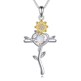 POPLYKE Sunflower Cross Necklace for Women 925 Sterling Silver Opal Heart Pendant Christian Jewelry Birthday Gift for Her