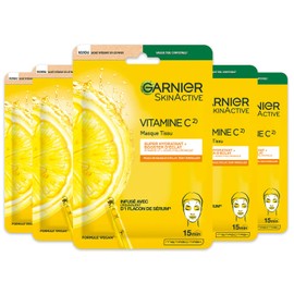 GARNIER Skin Active - Set of 5 Fabric Masks for Shine - Brightens, Moisturises & Cushions Skin - Vitamin C and Hyaluronic Acid - Vegan & Cruelty Free - Dark Skin - Pack of 5