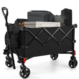 Foldable Wagon Cart, Leonyo 220lbs Collapsible Wagon Cart with Heavy Duty Wheels for Groceries, Beach, Camping, Garden, Outdoor Activities, Black