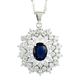 RIZILIA Blossom Pendant with 46cm(18") Chain & Oval Cut Gemstones CZ [Blue Sapphire] in 18K White Gold Plated, Simple Modern Elegance